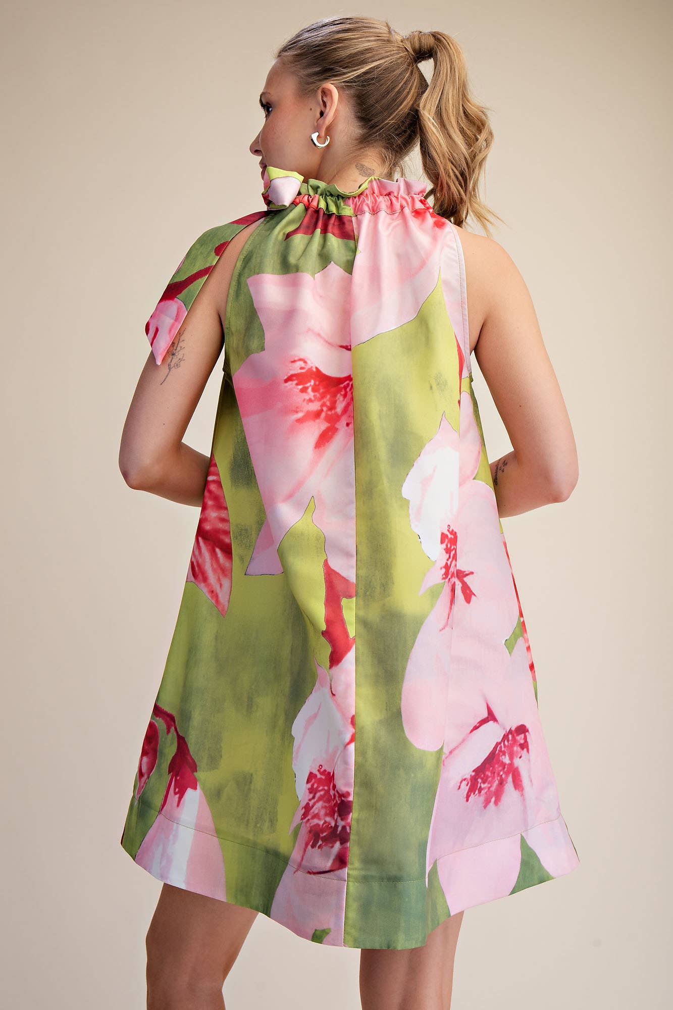 Mini Dress Ruffle Neck Tie Sleeveless Floral Print in Royal, knee-length, bold floral design. Sizes available: S.