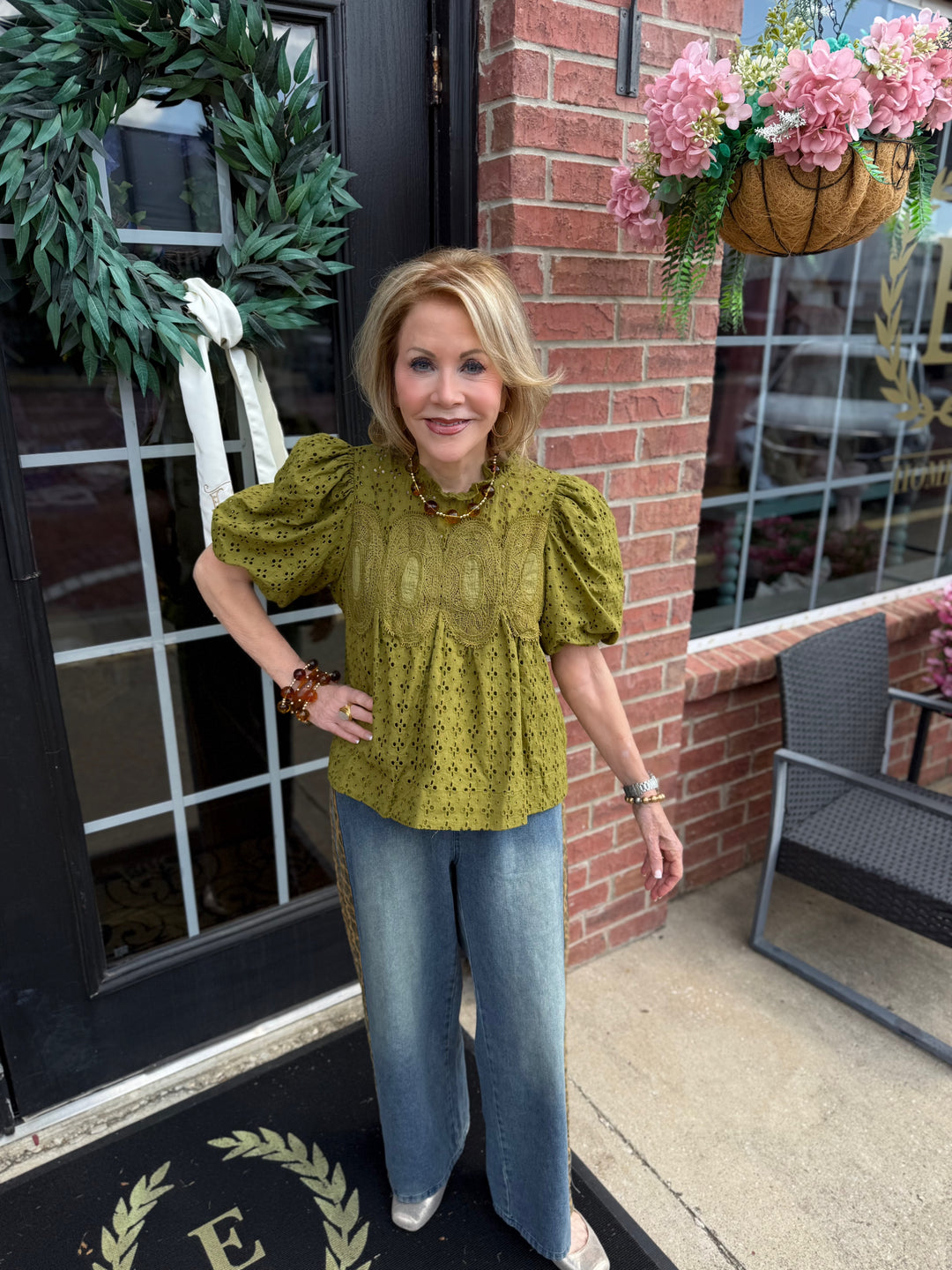 Green Ruffled Eyelet Puff Sleeve Top, available in sizes XS–XL.