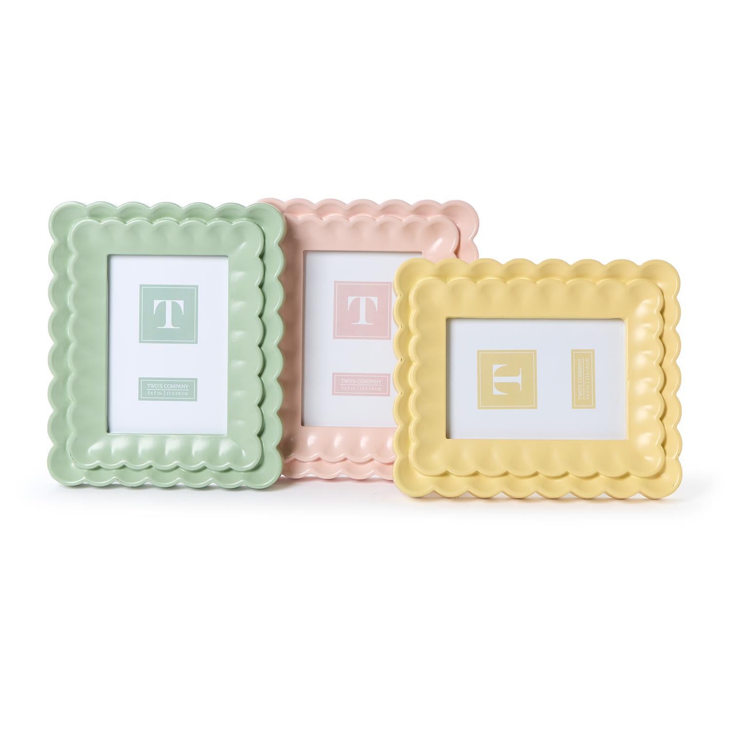 Set of three 5x7 scalloped wood frames in mint green, blush pink, and pale yellow, each with a matching placeholder card.