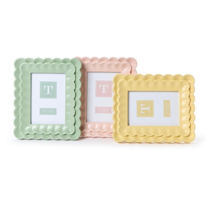 Set of three 5x7 scalloped wood frames in mint green, blush pink, and pale yellow, each with a matching placeholder card.