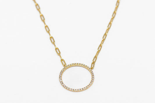 August 18k Gold Necklace with a diamond-outlined circular pendant. Available in 16", 18", and 20" lengths.