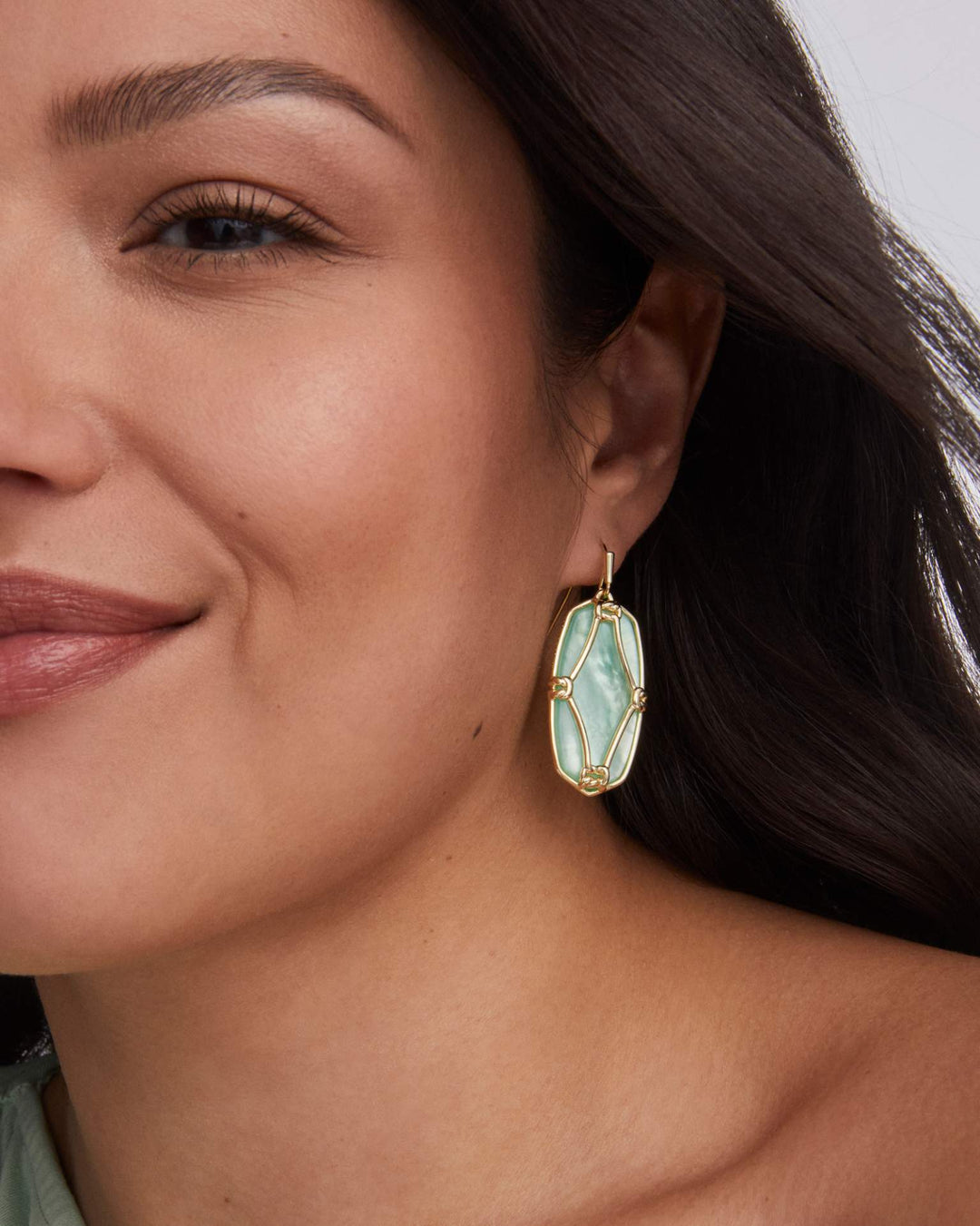 Elle Lattice Frame Gold Drop Earring by Kendra Scott shown close up; available in small, medium, and large sizes.