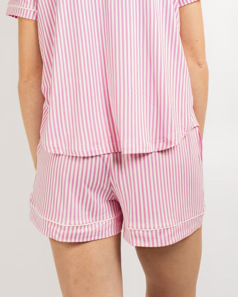 Pink and white pinstripe sleep shorts with white piping trim. Relaxed fit. Available in all sizes.