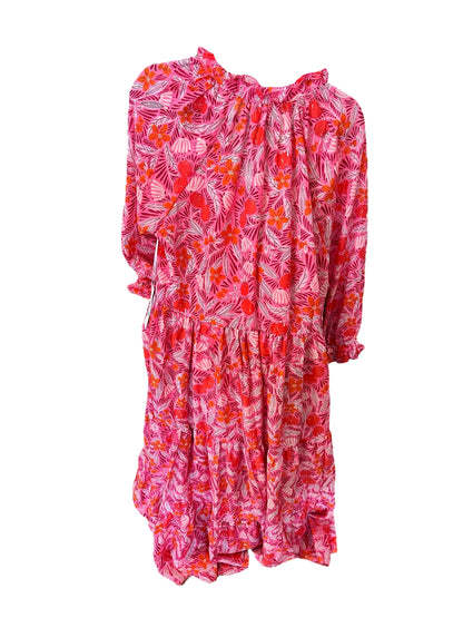 Ruby Long Dress: loose fit, long sleeves, ruffled hem, floral print, tassel tie. Sizes XS-XL.
