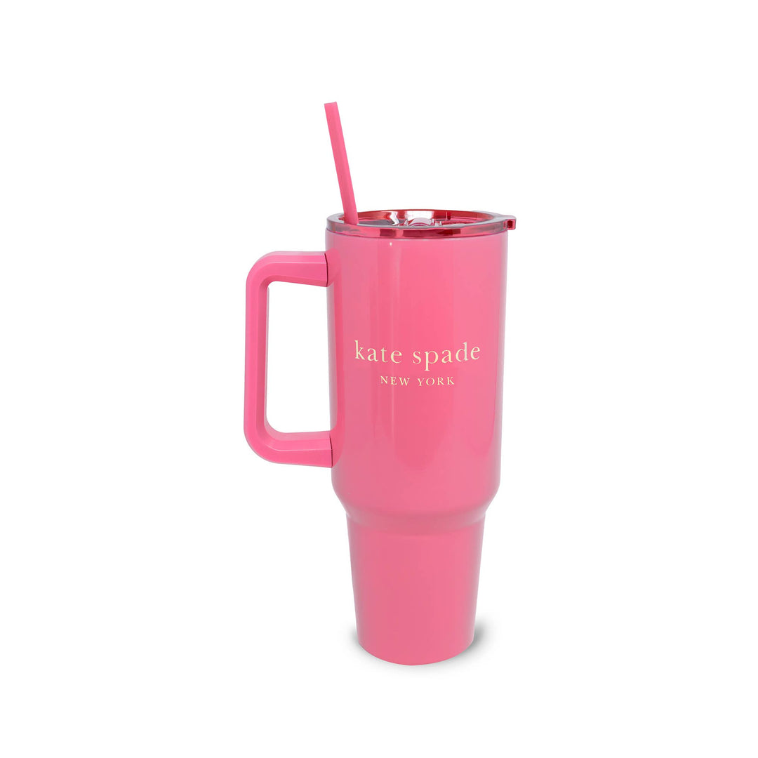 Pink stainless steel tumbler, 40 oz., with handle, lid, straw, and white "kate spade NEW YORK" logo on front.