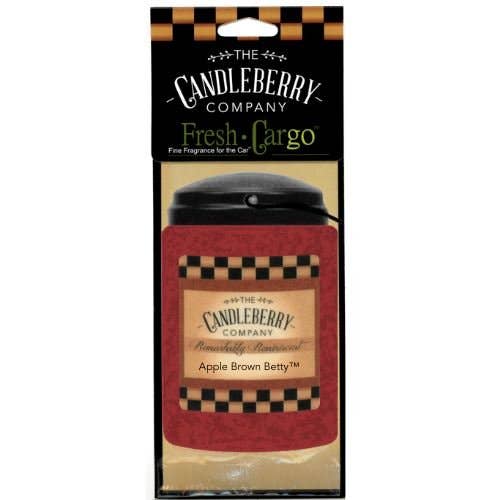 Apple Brown Betty Fresh Cargo car scent with black cap, checkered border, and label. Available in various sizes.