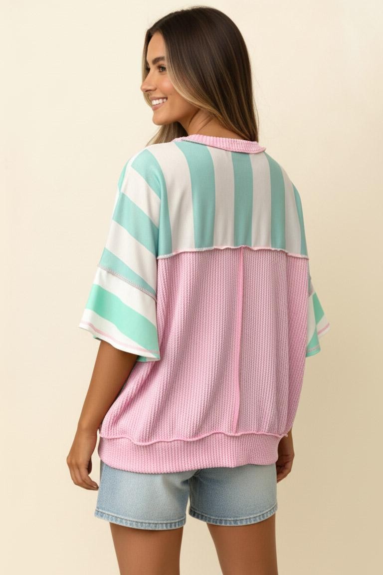 Mint Stripe Pullover Knit Top with pastel color-block stripes, relaxed fit, wide-striped sleeves. Available in sizes XS-XL.