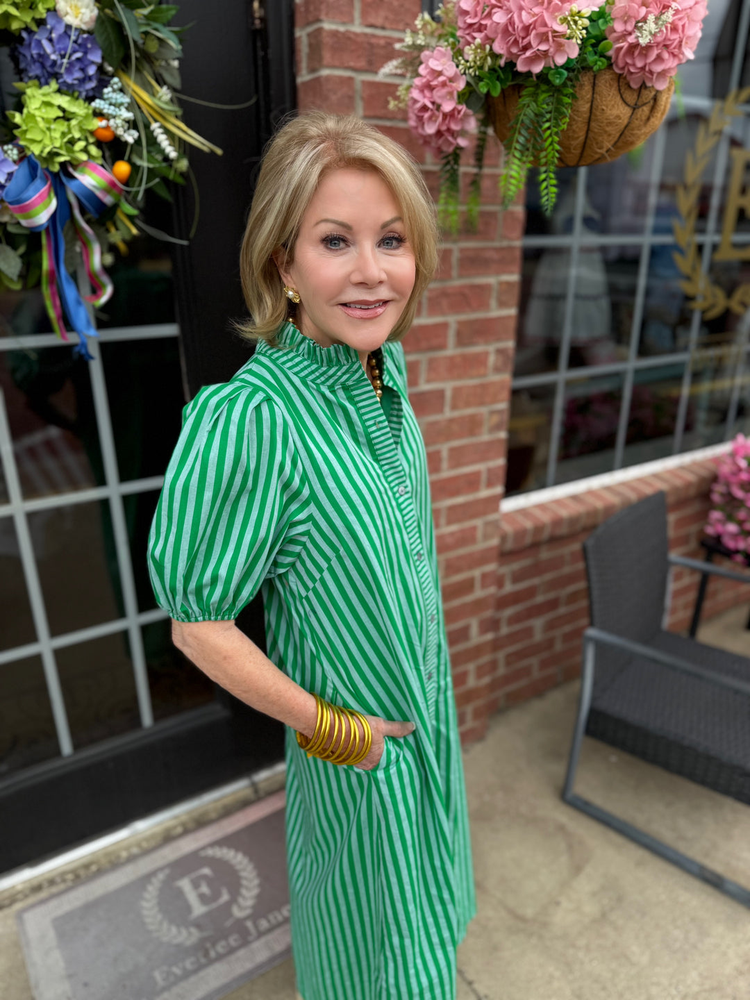 Striped Ruffle Puff Sleeve Midi Dress with ruffle details. Available in sizes XS–XL.