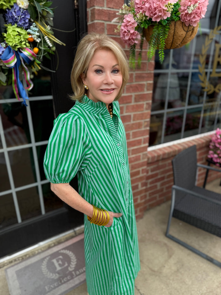 Striped Ruffle Puff Sleeve Midi Dress with ruffle details. Available in sizes XS–XL.