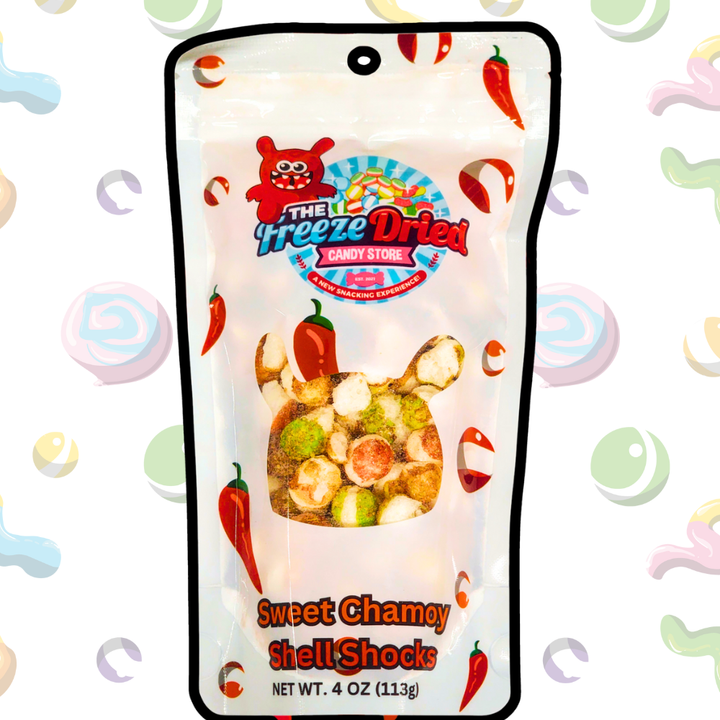 4 oz stand-up pouch of Freeze Dried Shell Shocks: Sour Wild Berry candy. White with cartoon bear and red chili peppers.