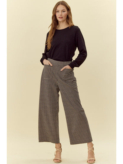 Houndstooth Check Wide Leg Pants - high-rise waistline, features side pockets. Sizes available: XS, S, M, L.
