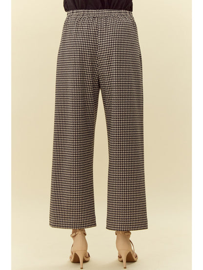 Houndstooth Check Wide Leg Pants, black and white houndstooth pattern, flared legs, high-rise waistline. Sizes available: XS, S, M, L.