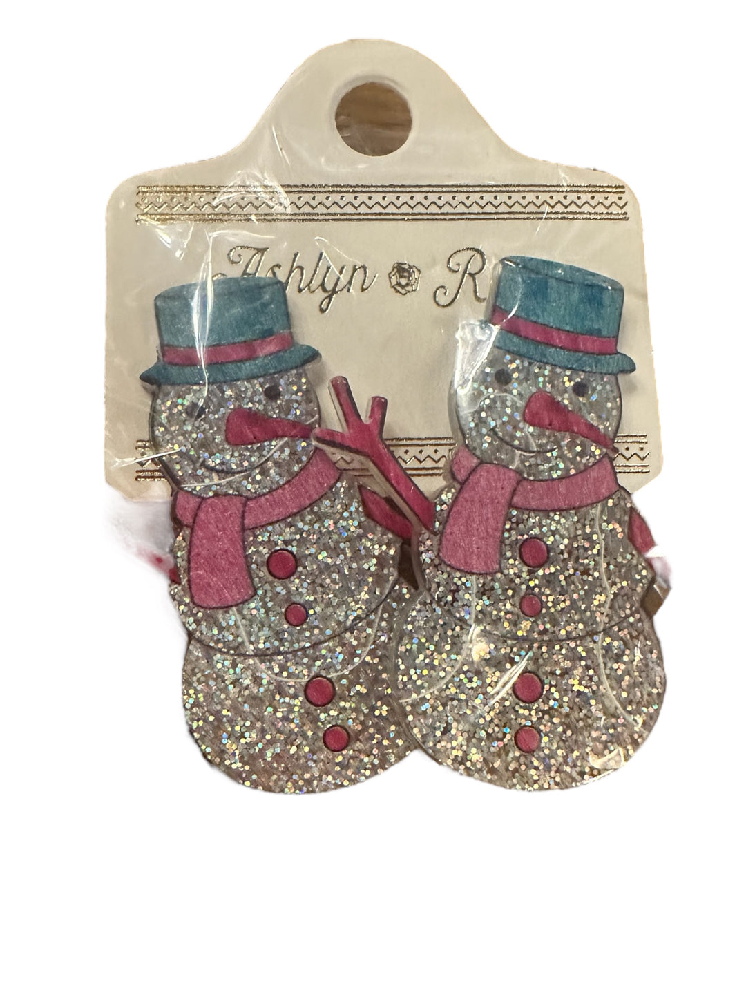 Oh So Frosty Glitter Snowman earrings with blue top hats, pink scarves, and orange carrot noses. Sizes available.