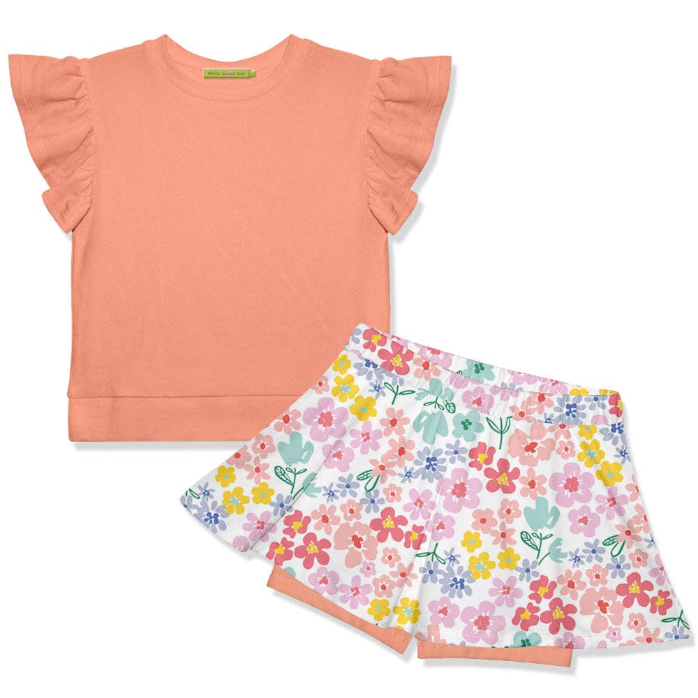 Kids coral terry top and midtone floral skort set. Available in sizes 2T-10.