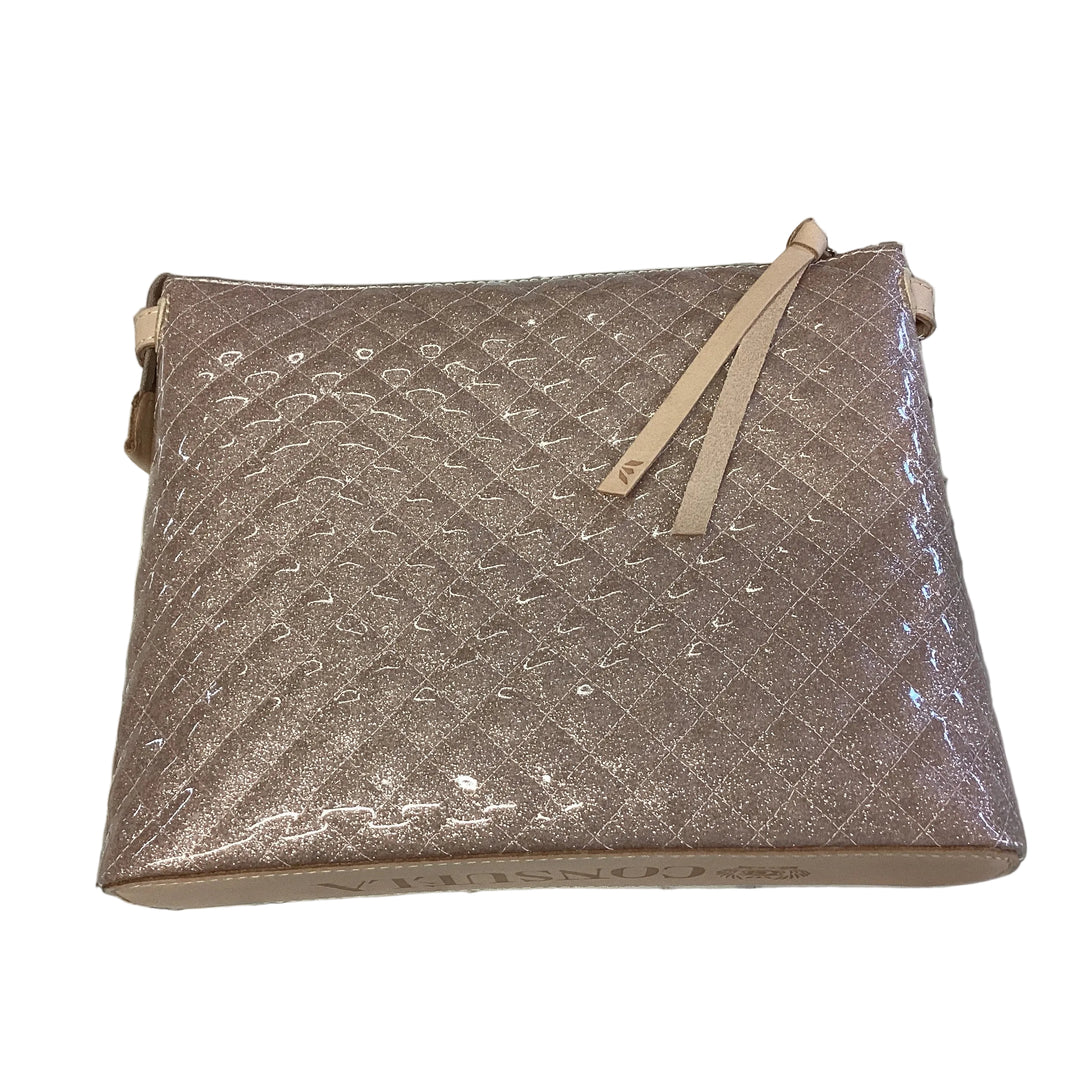 Shimmering rosegold quilted Downtown Crossbody, Ori, with adjustable strap and zipper pull. Available in various sizes.