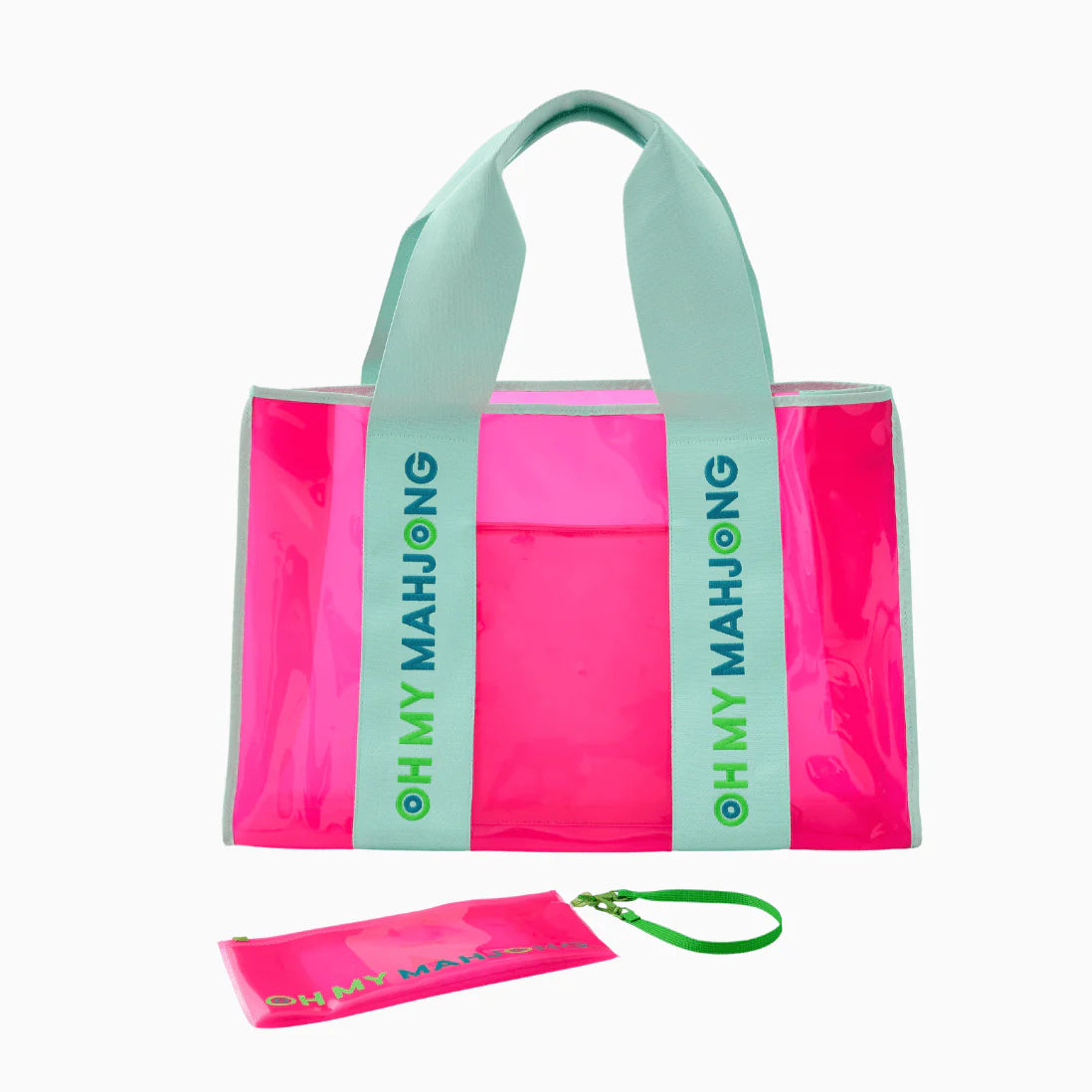 Bright pink transparent tote with light blue handles and "OH MY MAHJONG" printed on the straps. Available sizes: [sizes not specified].