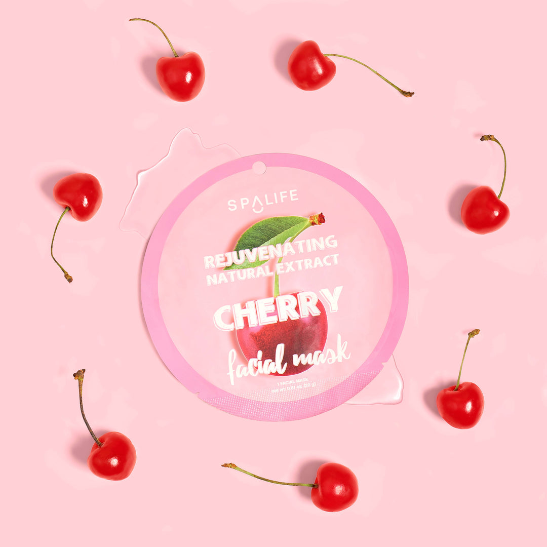 Pink packet labeled "Korean Fruit Infused Face Mask," hydrating sheet mask. Available in single-use size.