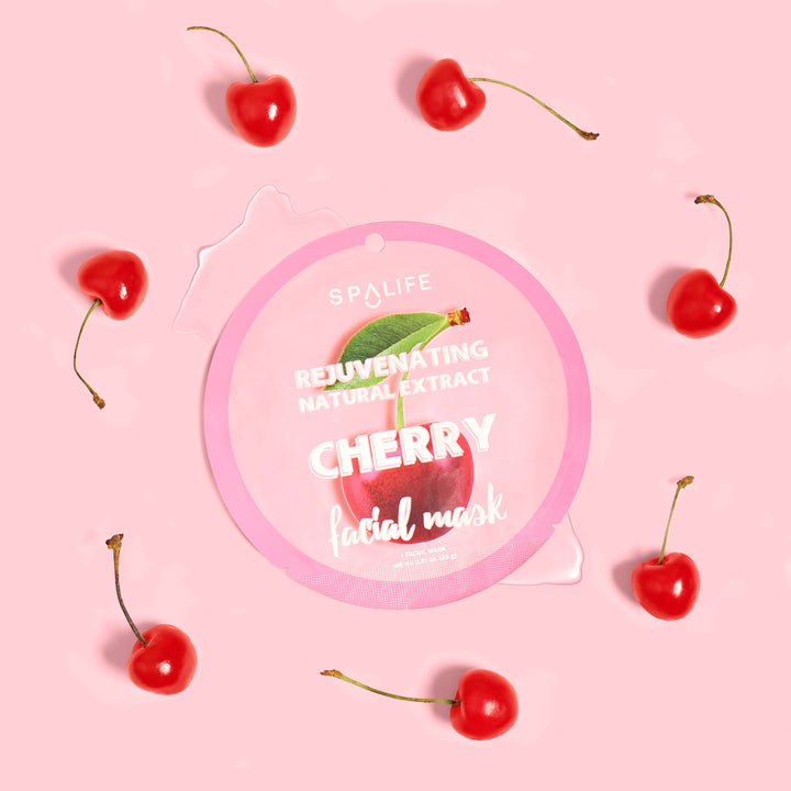 Pink packet labeled "Korean Fruit Infused Face Mask," hydrating sheet mask. Available in single-use size.