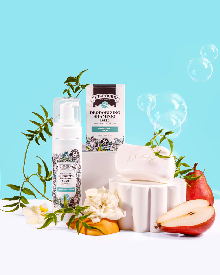 Pet~Pourri Pawsitively Fresh Rinse-Free Deodorizing Shampoo, essential oils for dogs, available in multiple sizes.