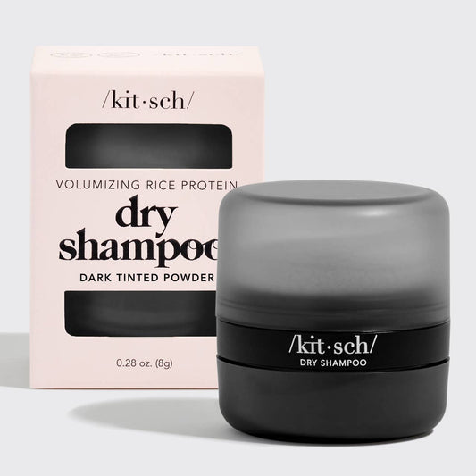 Volumizing Rice Protein Dry Shampoo - Dark Tinted Powder in container and box, absorbs oil, refreshes hair. Sizes: 1.5oz, 3oz.