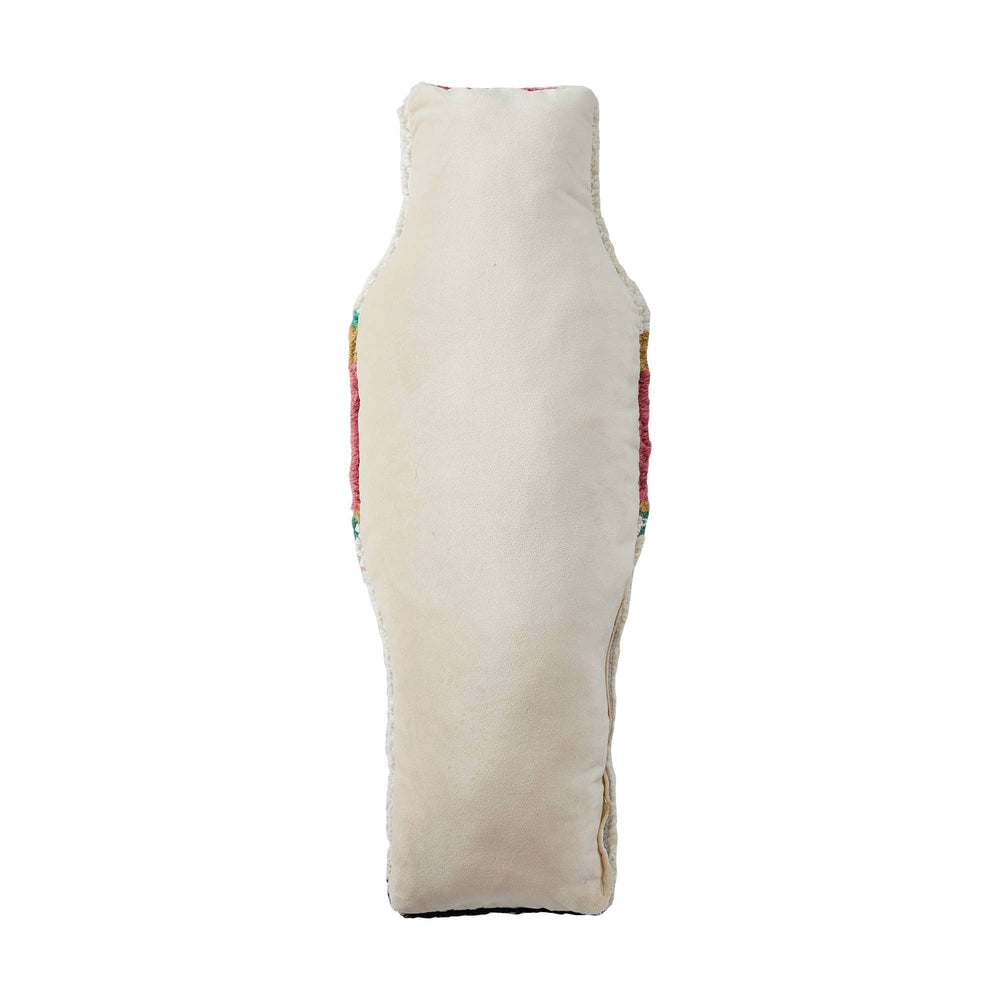 Shaped Pink Nutcracker Hook Pillow: rectangular cream wool pillow with slightly curved sides, stitched edges, and a pink nutcracker design. Available in multiple sizes.