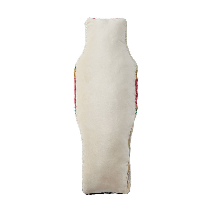 Shaped Pink Nutcracker Hook Pillow: rectangular cream wool pillow with slightly curved sides, stitched edges, and a pink nutcracker design. Available in multiple sizes.
