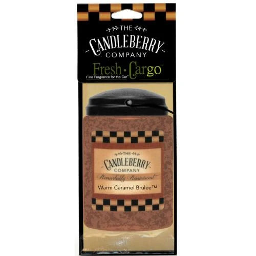 Warm Caramel Brulee jar-shaped car freshener by Candleberry, brown/black checkered label. Available in single and 3-pack.