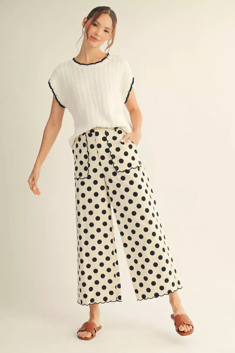 Black HW Wide Scallop Detail Polka Dot Pants, available in sizes XS-XL.