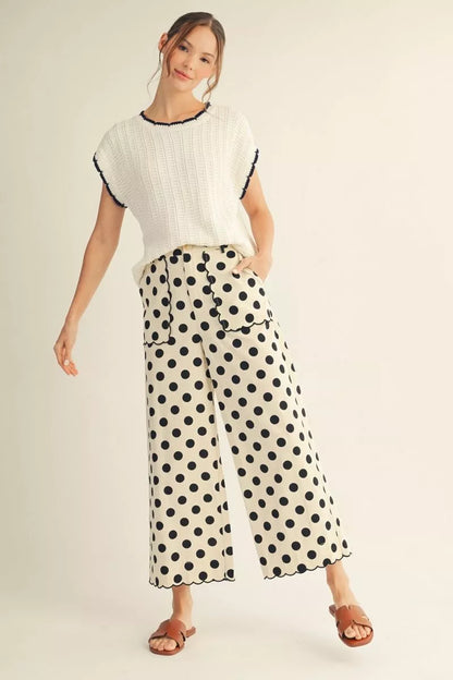 Black HW Wide Scallop Detail Polka Dot Pants, available in sizes XS-XL.