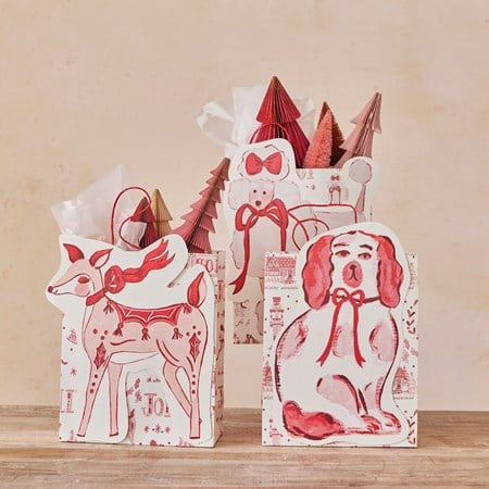 Handmade gift bag with red and white deer, dog, and poodle patterns, available in 3 styles.