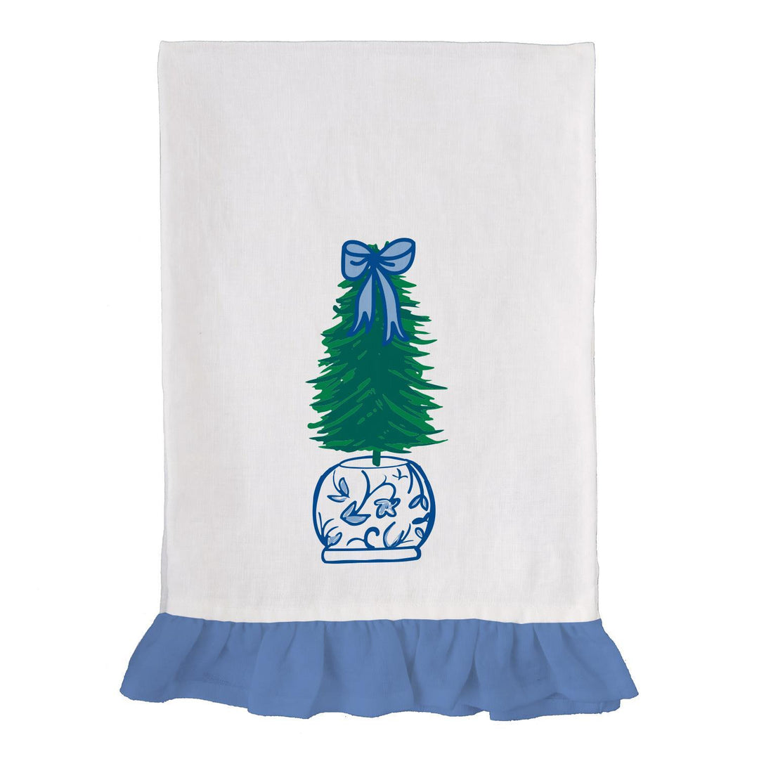 Embroidered Ginger Jar Tree Tea Towel with a ruffled blue hem, green tree, blue and white patterned jar, and blue bow.