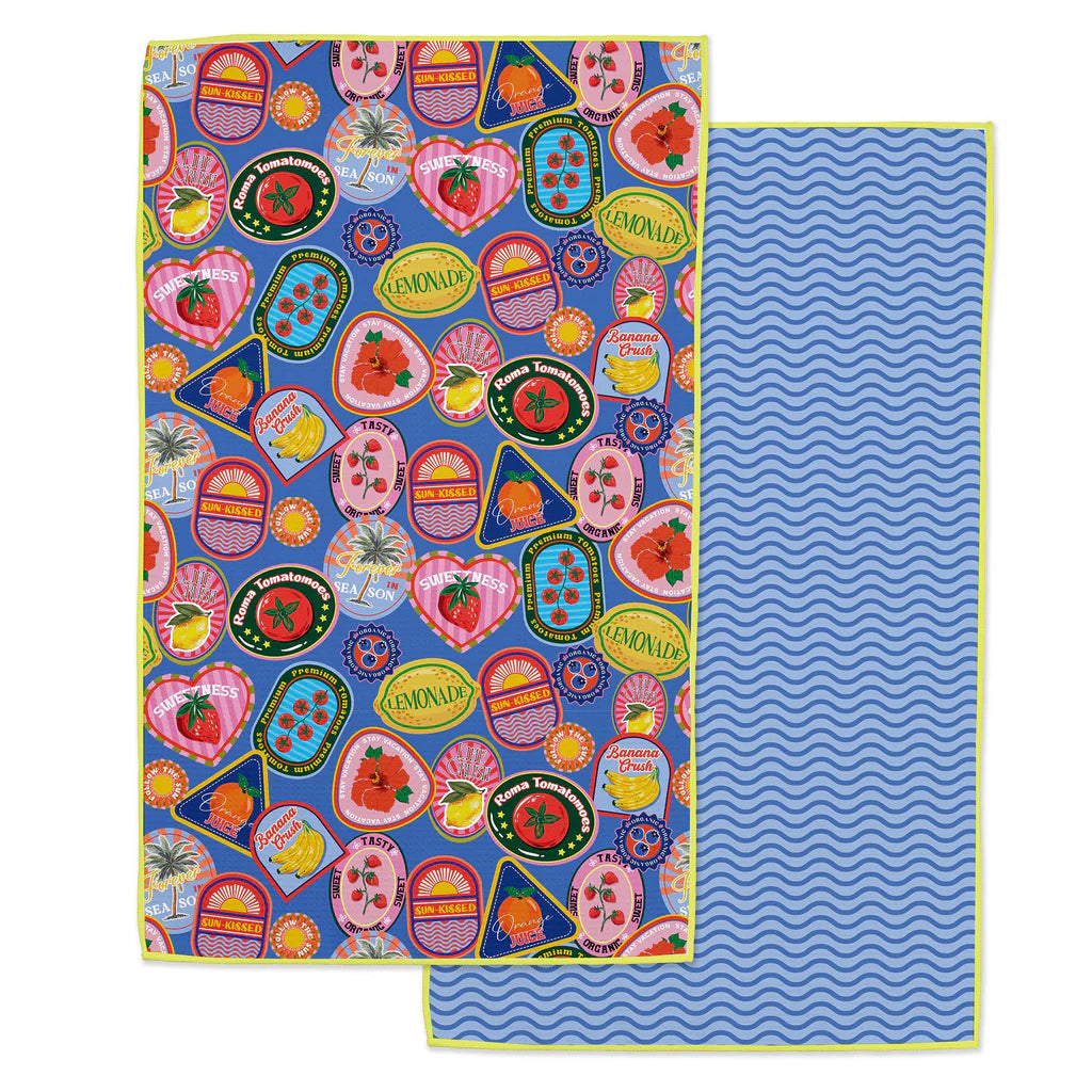 Blue microfiber dishtowel with retro fruit sticker prints; plain blue wave back. Available sizes: 16"x28", 20"x30".