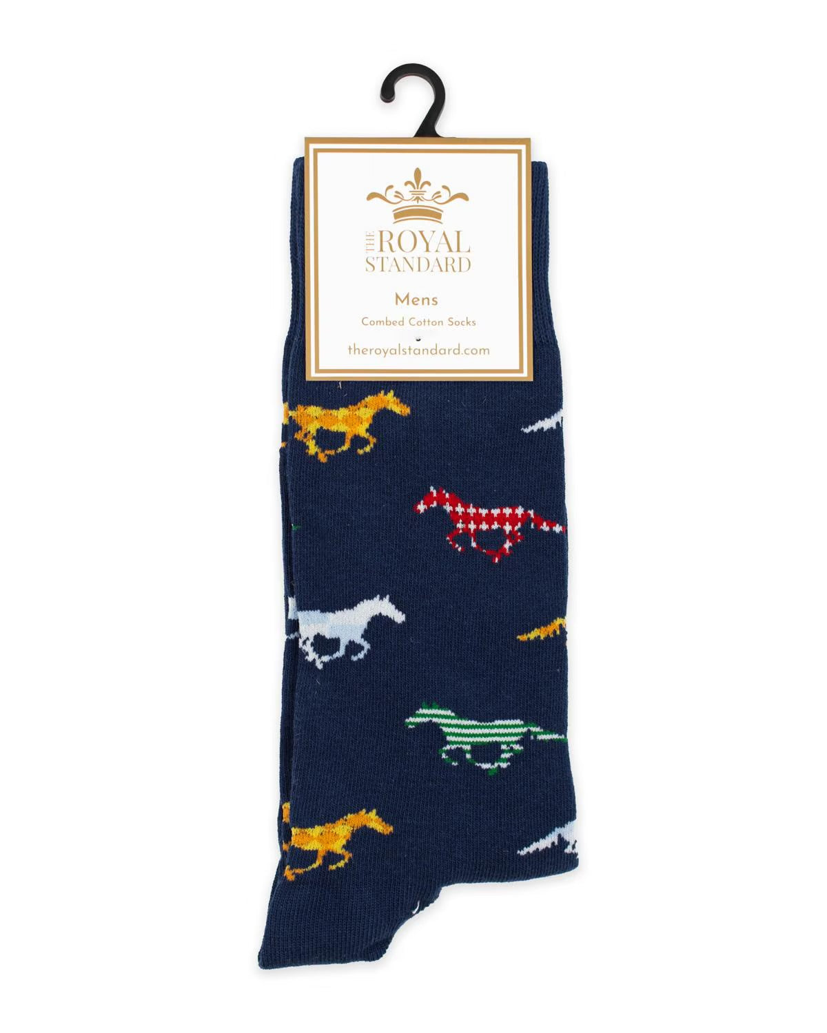 Navy blue men’s socks with colorful horse patterns and a “The Royal Standard Men’s Combed Cotton Socks” label, available in multiple sizes.