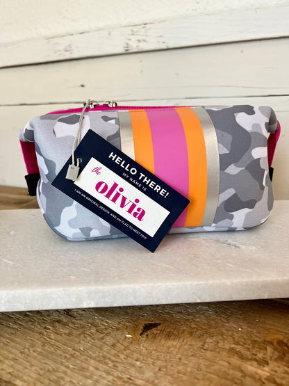 The Olivia Small Neoprene Makeup Bag has gray camo, pink, orange, and silver stripes. Comes in a small size with zipper closure.
