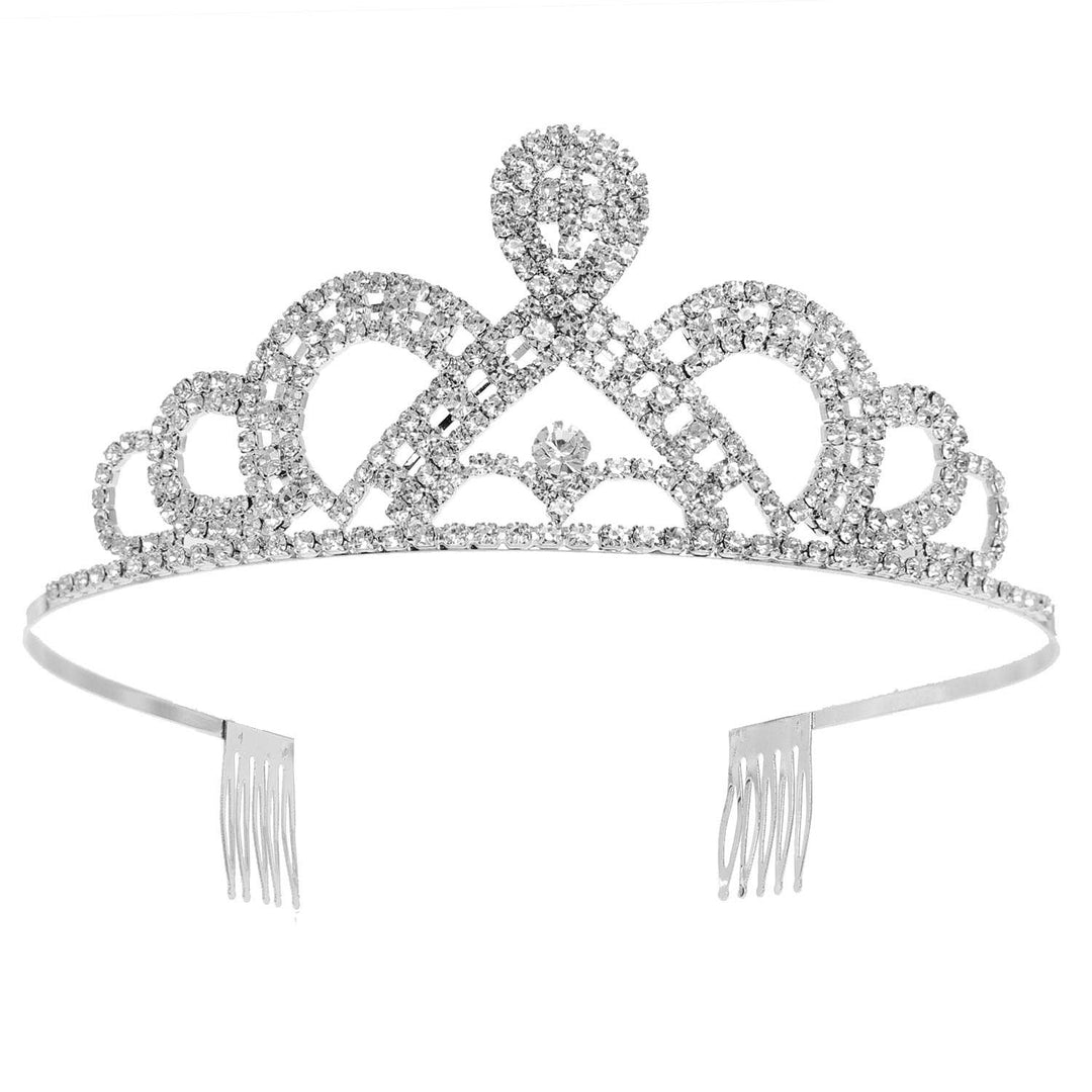 Silver rhinestone scalloped tiara with two combs; sparkling, symmetrical design. Sizes available: Small, Medium, Large.