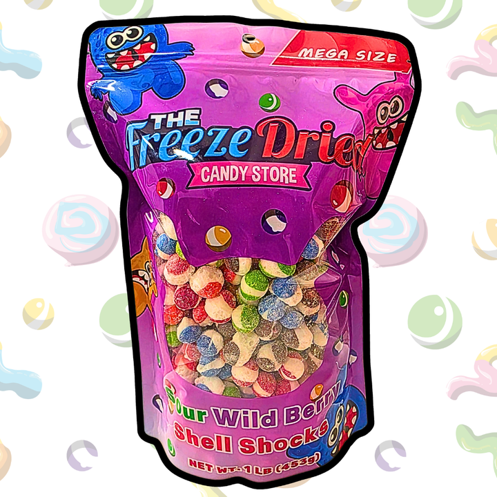 4 oz bright purple resealable bag, "Freeze Dried Shell Shocks: Sour Wild Berry," with a clear window showing candy.