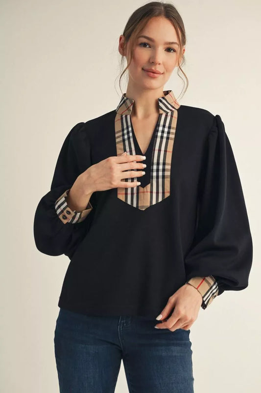 Plaid Contrast Puff Sleeve Top
