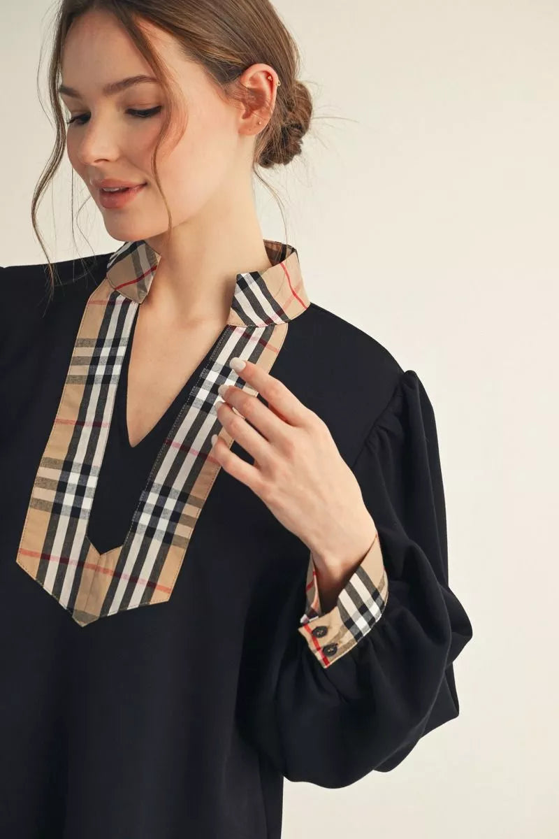 Plaid Contrast Puff Sleeve Top