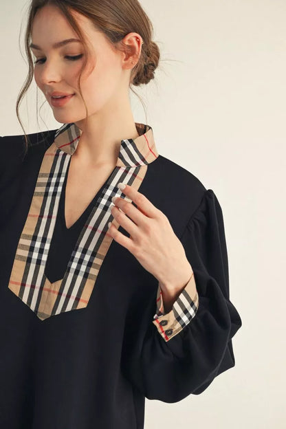 Plaid Contrast Puff Sleeve Top