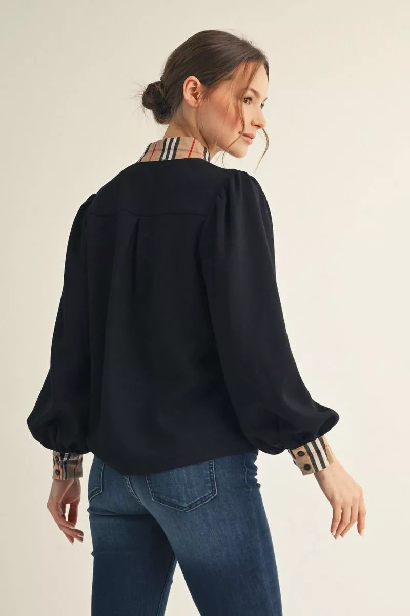 Plaid Contrast Puff Sleeve Top