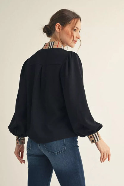 Plaid Contrast Puff Sleeve Top