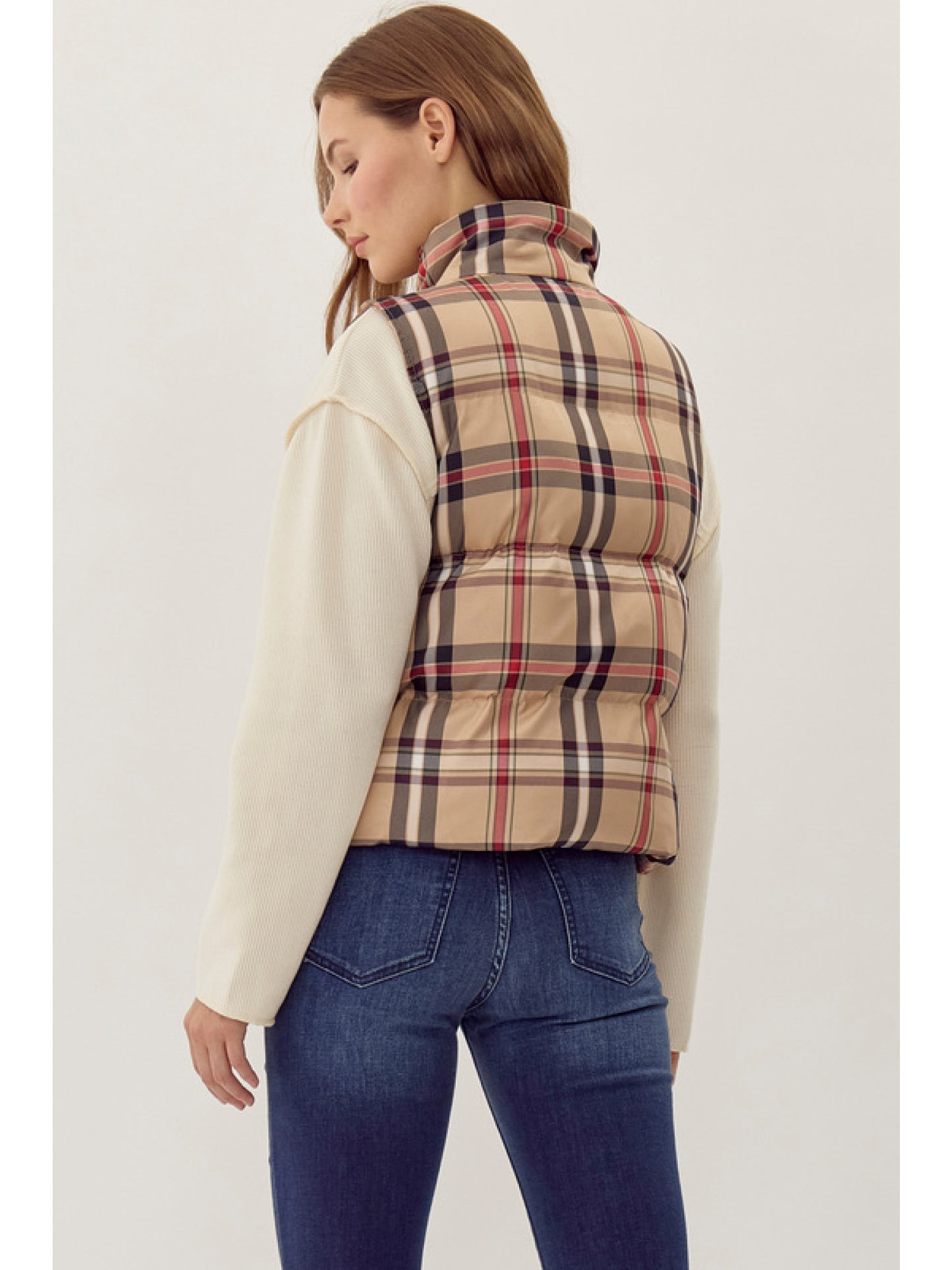 Plaid High Collar Puffer Vest