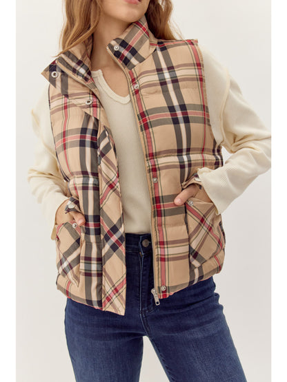 Plaid High Collar Puffer Vest