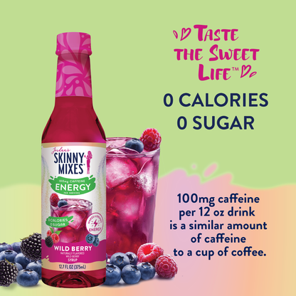 Sugar Free Wild Berry Energy Syrup, 375ml. 0 calories, 0 sugar, 100mg caffeine per 12 oz. "Taste the Sweet Life.