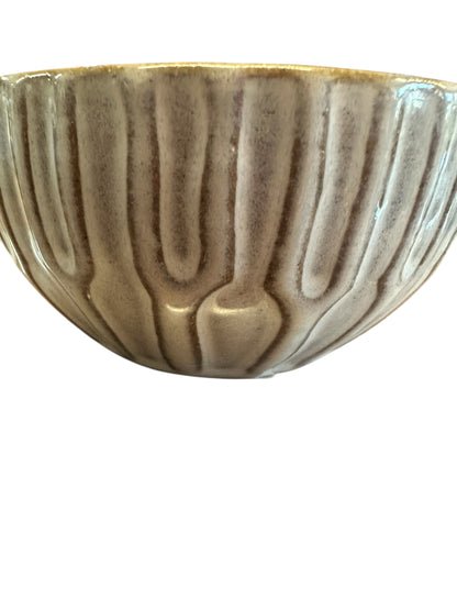 The Stoneware Bowl - 4 Styles has a brown glazed finish, vertical ridges, and is available in multiple sizes.