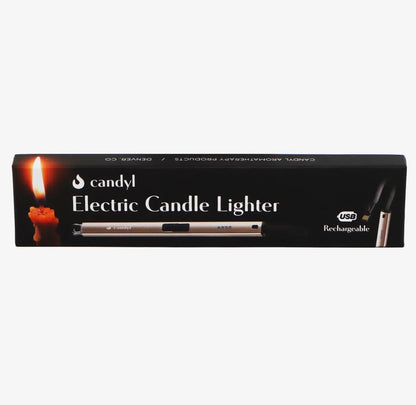 Black box labeled “Electric Candle Lighter,” showing the lighter, USB rechargeable icon, eco-friendly details; available sizes not specified.