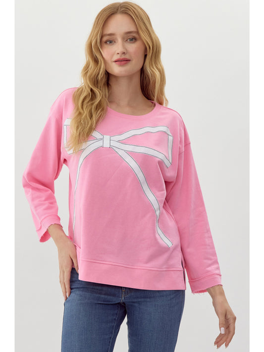 Pink Ribbon Sweatshirt Top with bow design on front. Sizes: S, M, L, XL.