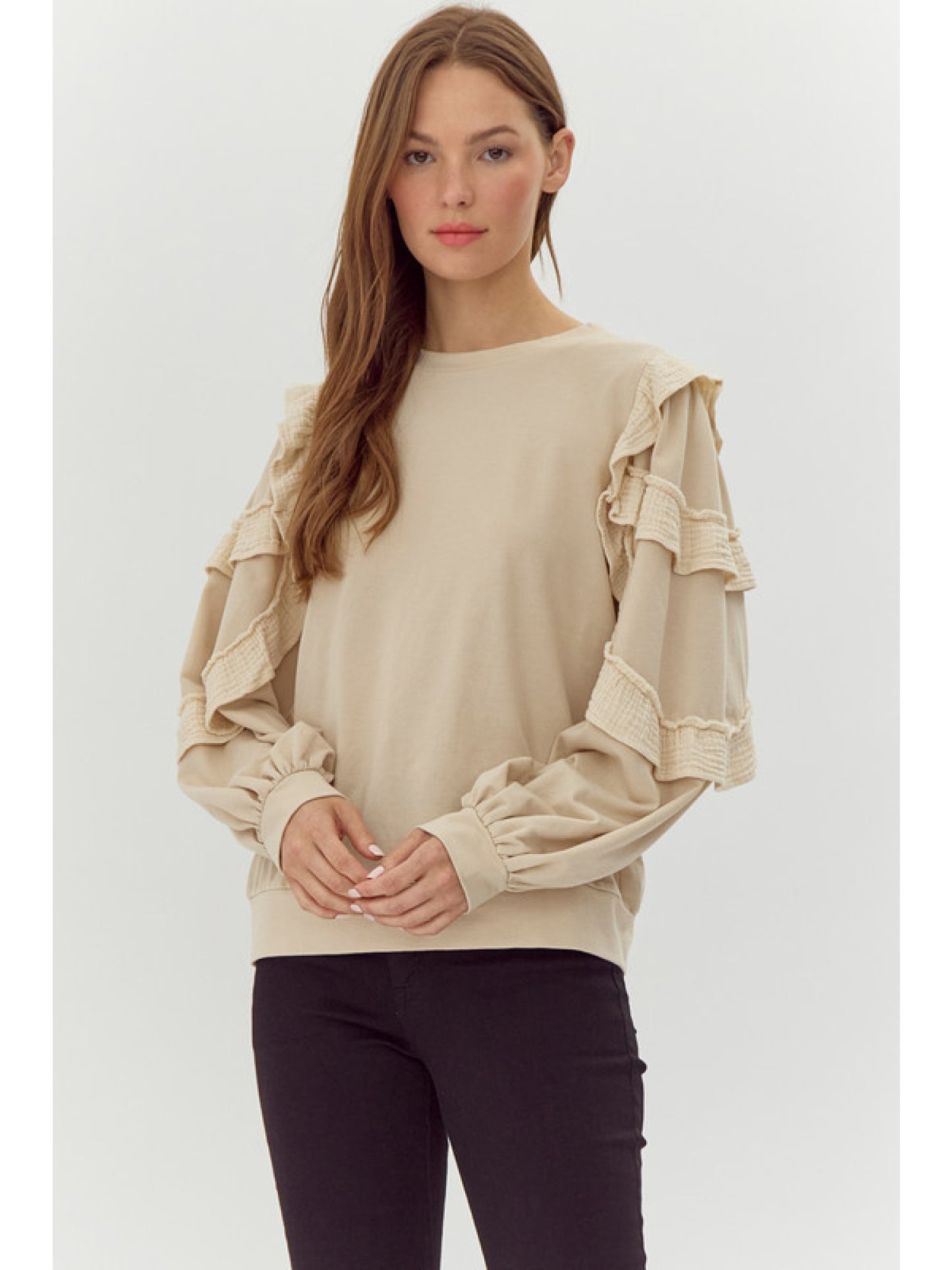 Sweatshirt Top with Ruffles & Ribbed Hems in beige. Sizes available: S, M, L, XL.