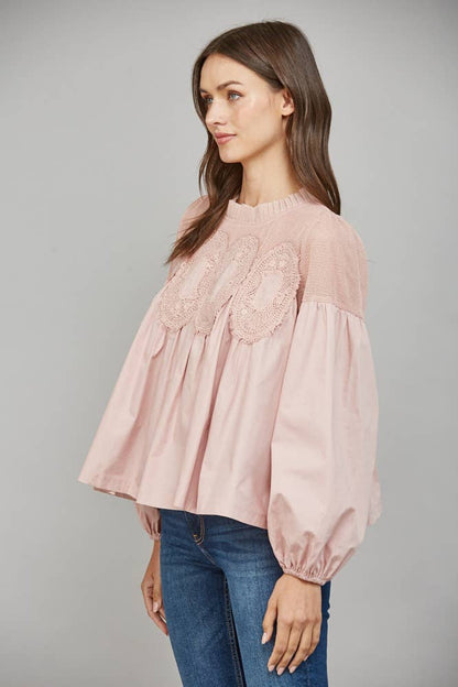 Lace Appliqué Detail Mixed Media Long Sleeve Blouse
