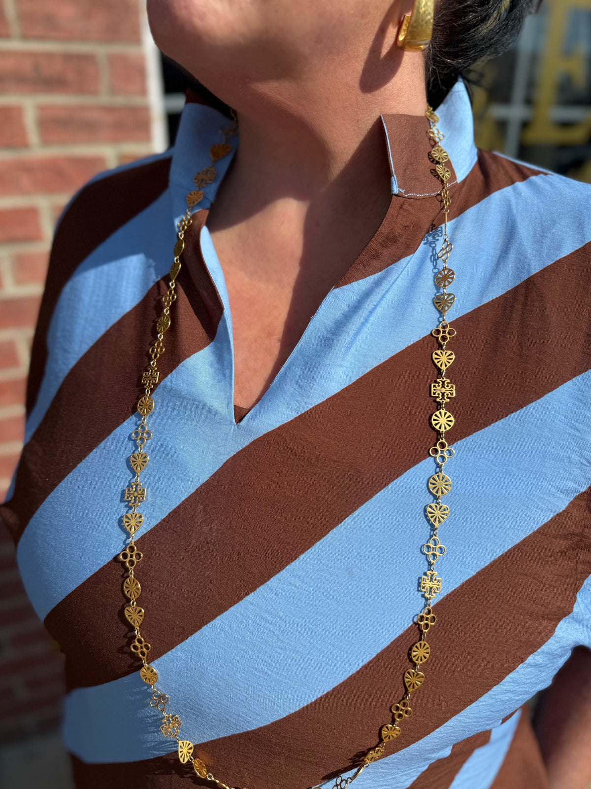 Riverwood Stripe Midi Dress in blue and brown, available in sizes XS-XL.